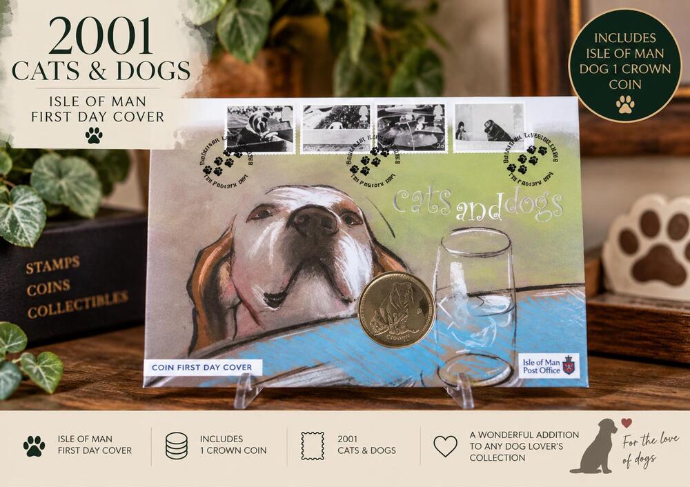 2001 Cats & Dogs First Day Cover | Gibraltar Dog 1 Crown Coin | FDC